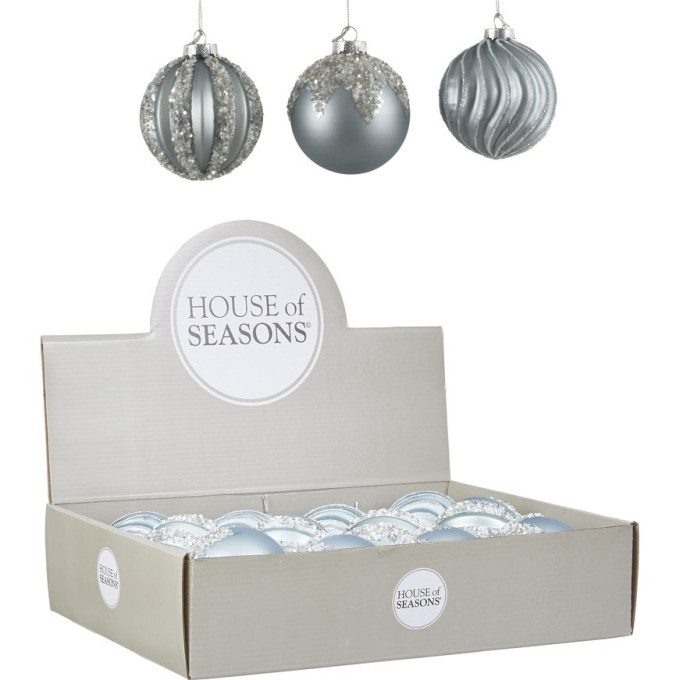 Набор HOUSE OF SEASONS, 12 шт. Стеклянных шаров, диам. 8см, голубой, 3 вида 84021